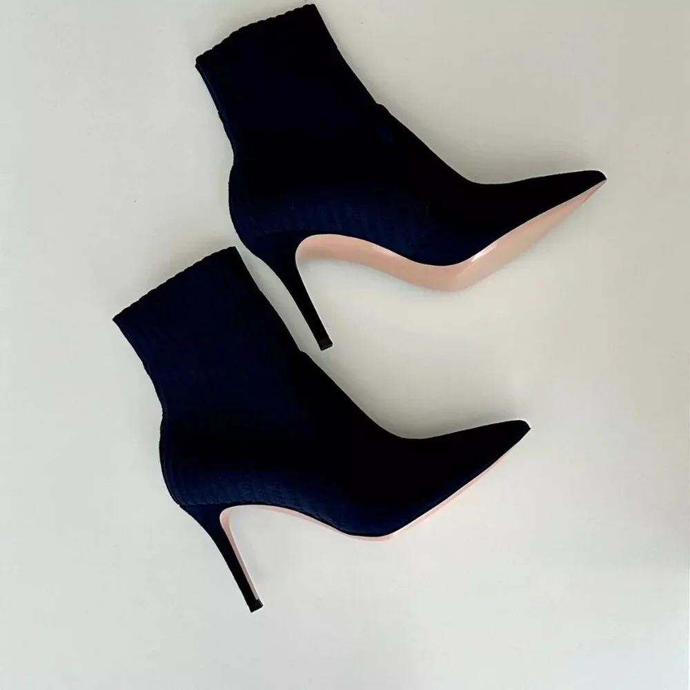 Women's NEW GIANVITO ROSSI Navy Suede Stretch Ribbed Ankle Booties Size 8.5